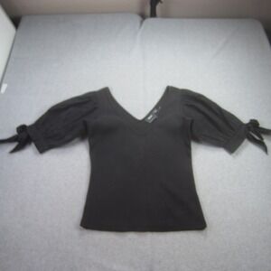 Maeve Anthropologie Top Small Black V Neck Puff Sleeve Tie Cuff Ribbed Knit